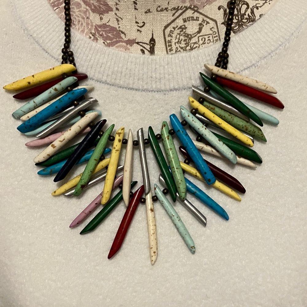 Multicolor Beaded Necklace. Bronze colored double chain. One clasp in back. EUC